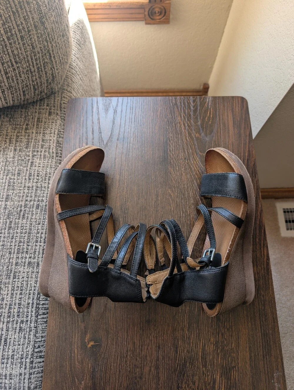 Miz Mooz Shay Black Leather Strappy Wedge Sandals
